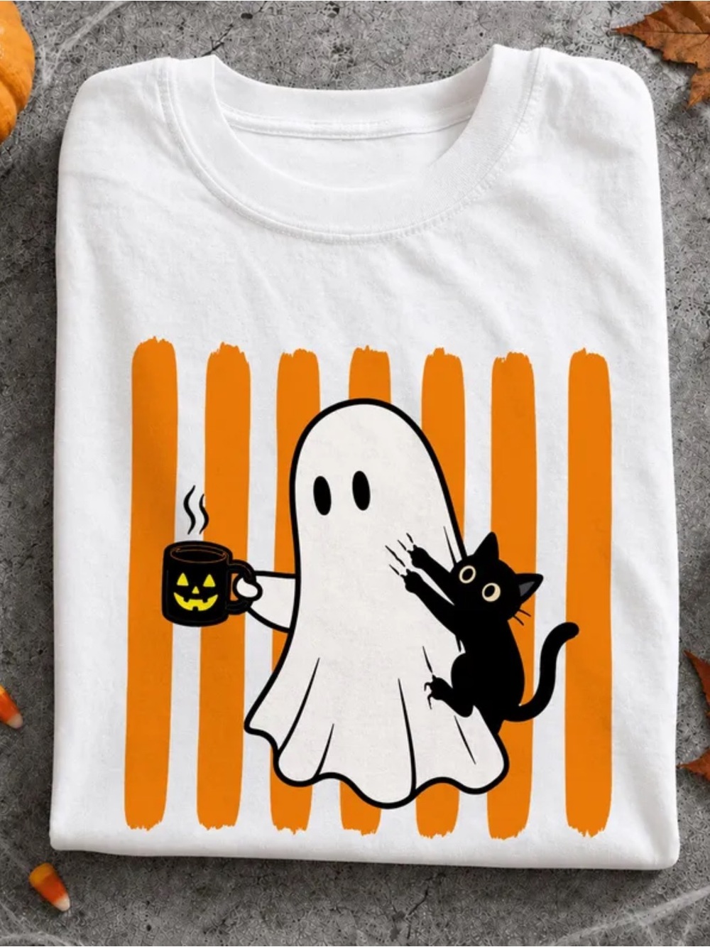 Gildan White Halloween Ghost & Black Cat Tee with Orange Stripes